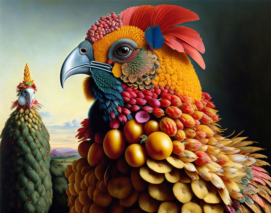 Colorful artwork featuring bird-shaped produce in nature scene