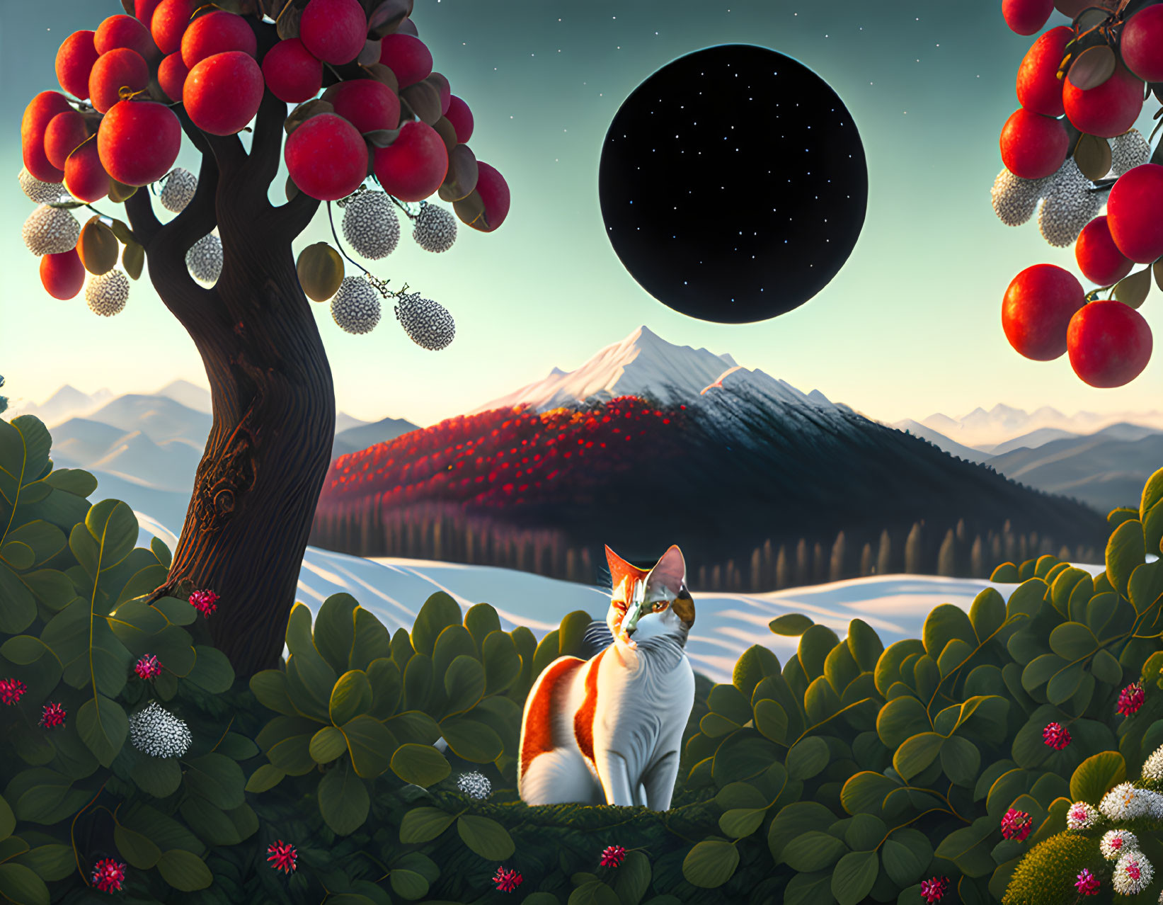 Surreal landscape with black moon, cat, lush greenery, red fruits, mountains