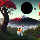 Surreal landscape with black moon, cat, lush greenery, red fruits, mountains