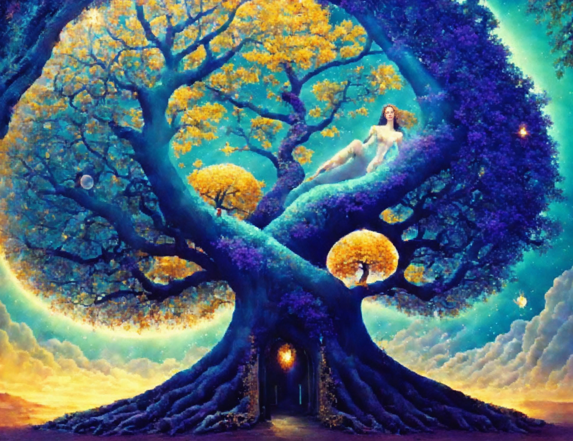 Colorful painting of woman merged with cosmic tree under starry sky