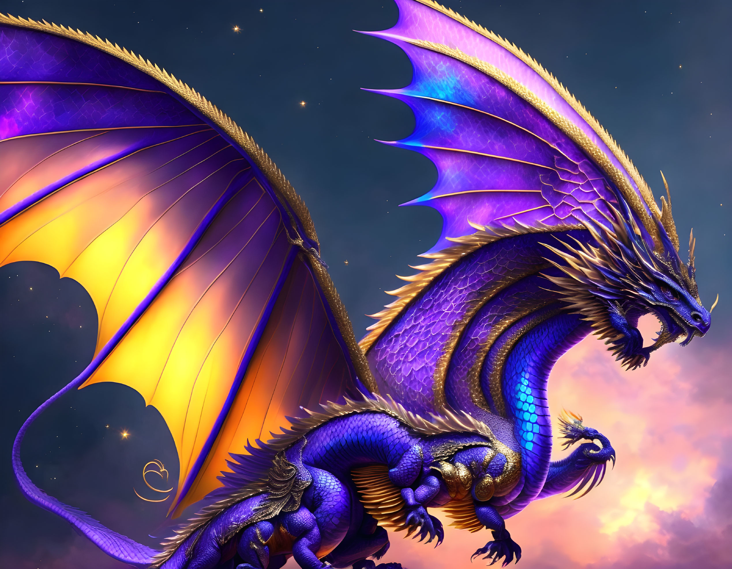 Majestic blue and orange dragon in vibrant starry sky