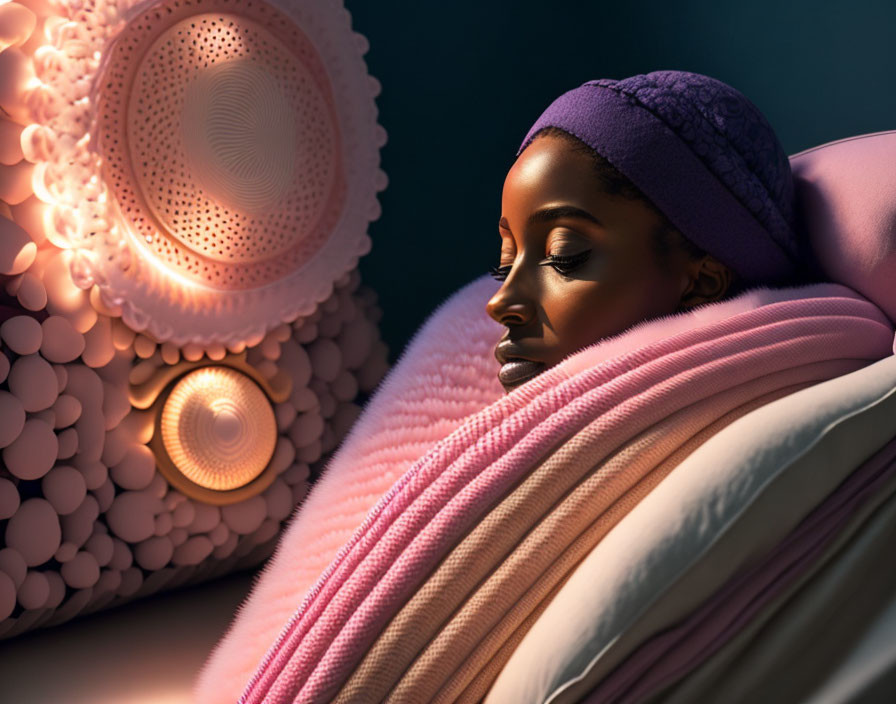 Woman resting with pink blanket and wall art