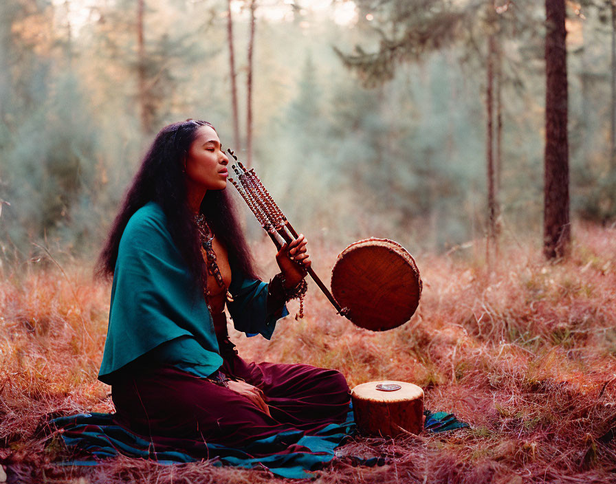 Bohemian-style woman playing stringed instrument in peaceful forest