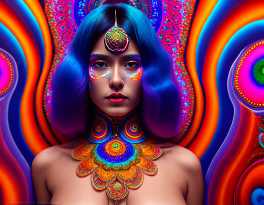 Blue-haired woman with psychedelic body paint and swirling patterns on vibrant backdrop