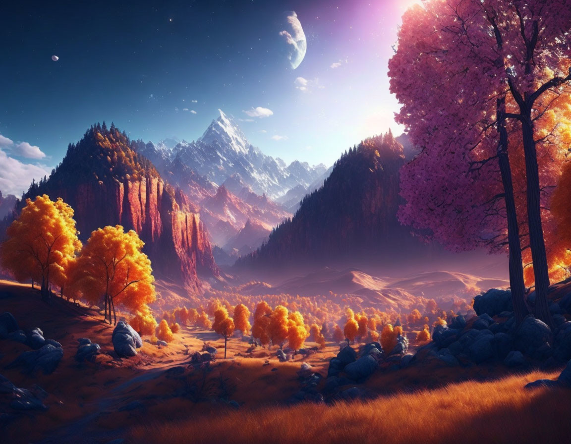 Moonlit fantasy landscape with towering mountains and colorful trees