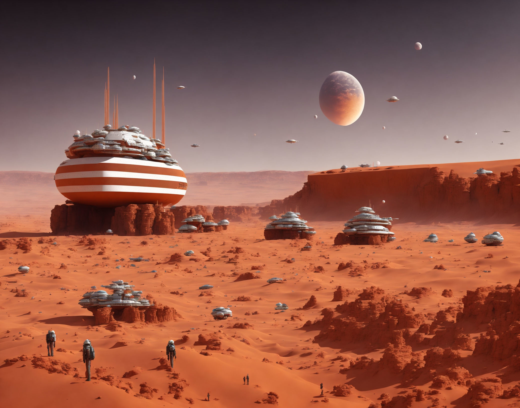 Futuristic Martian landscape with floating ships and explorers