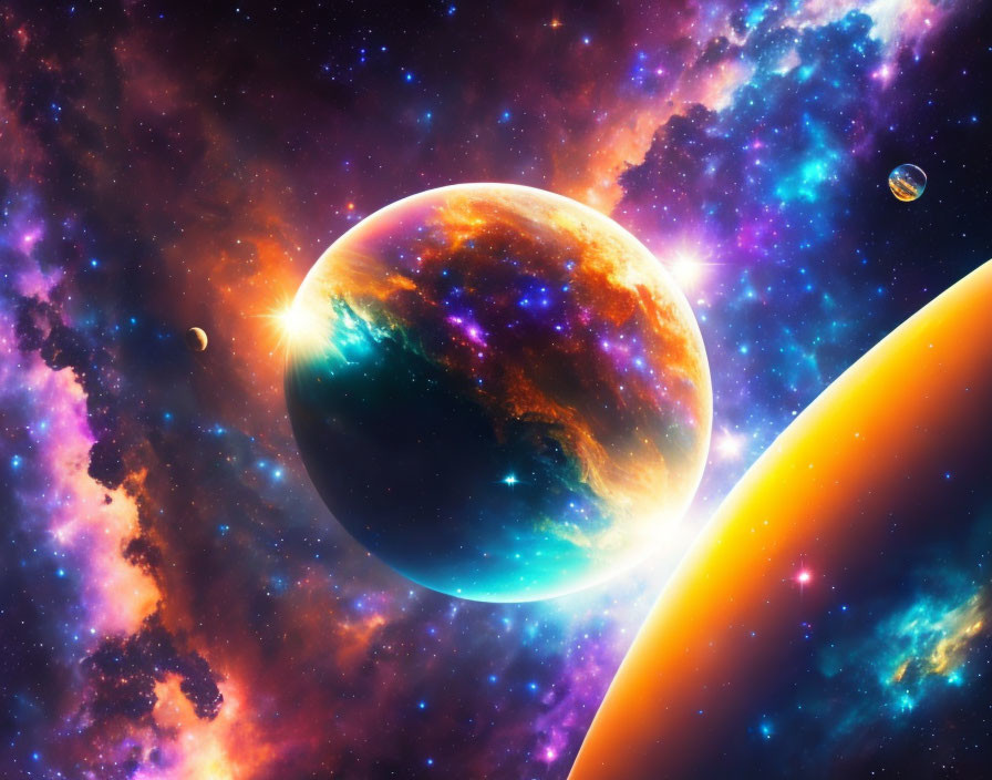 Colorful planet with sun and stars in vibrant space scene