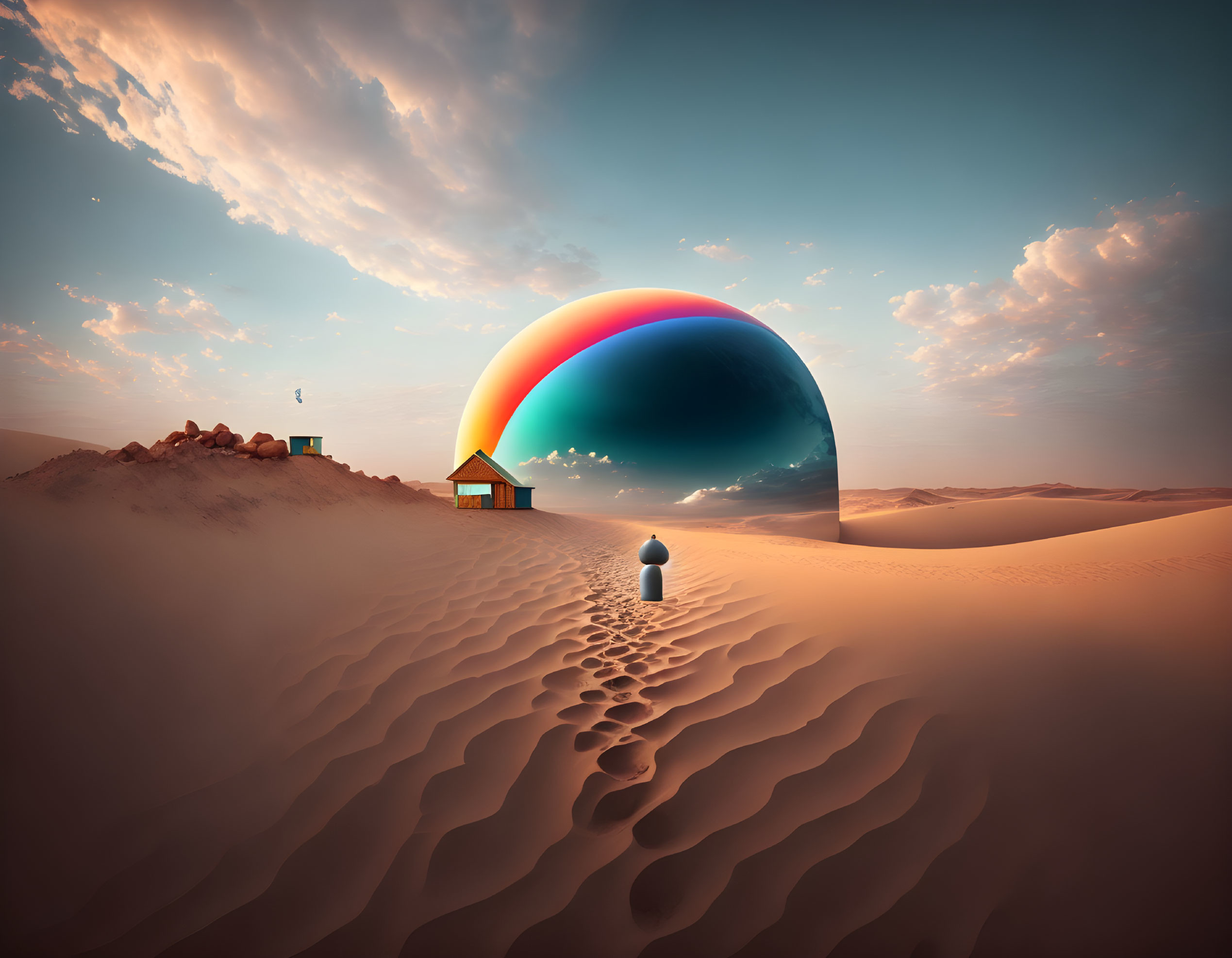 Surreal desert landscape with figure walking to dome house under rainbow transition