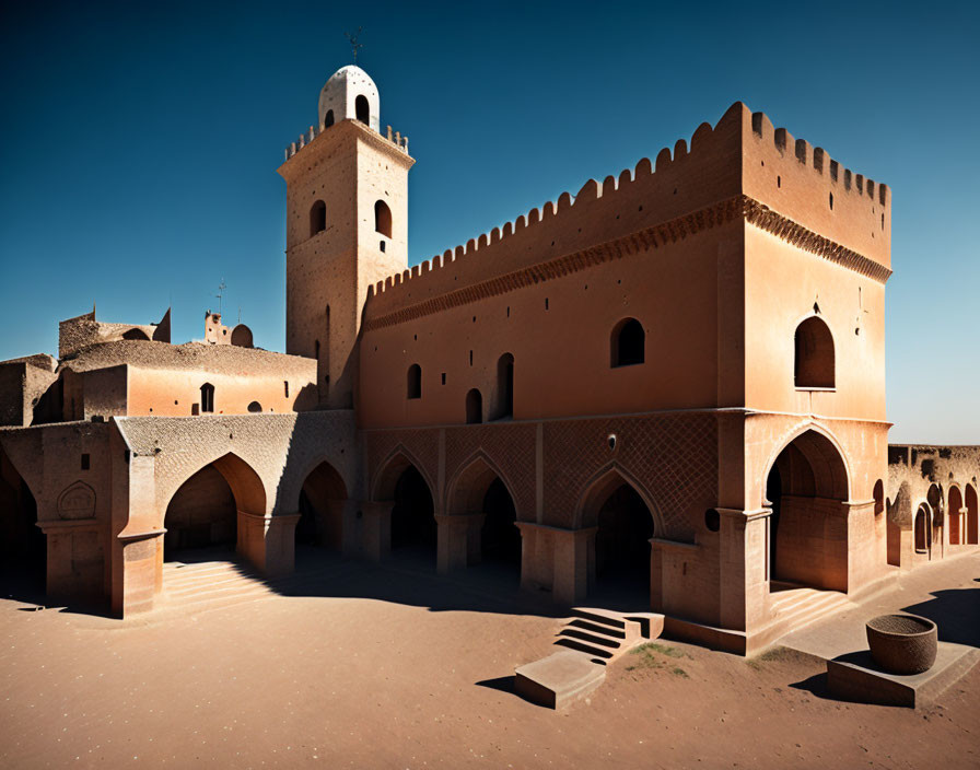 Traditional adobe fort with tower under clear blue sky