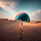 Surreal desert landscape with figure walking to dome house under rainbow transition