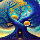 Colorful painting of woman merged with cosmic tree under starry sky