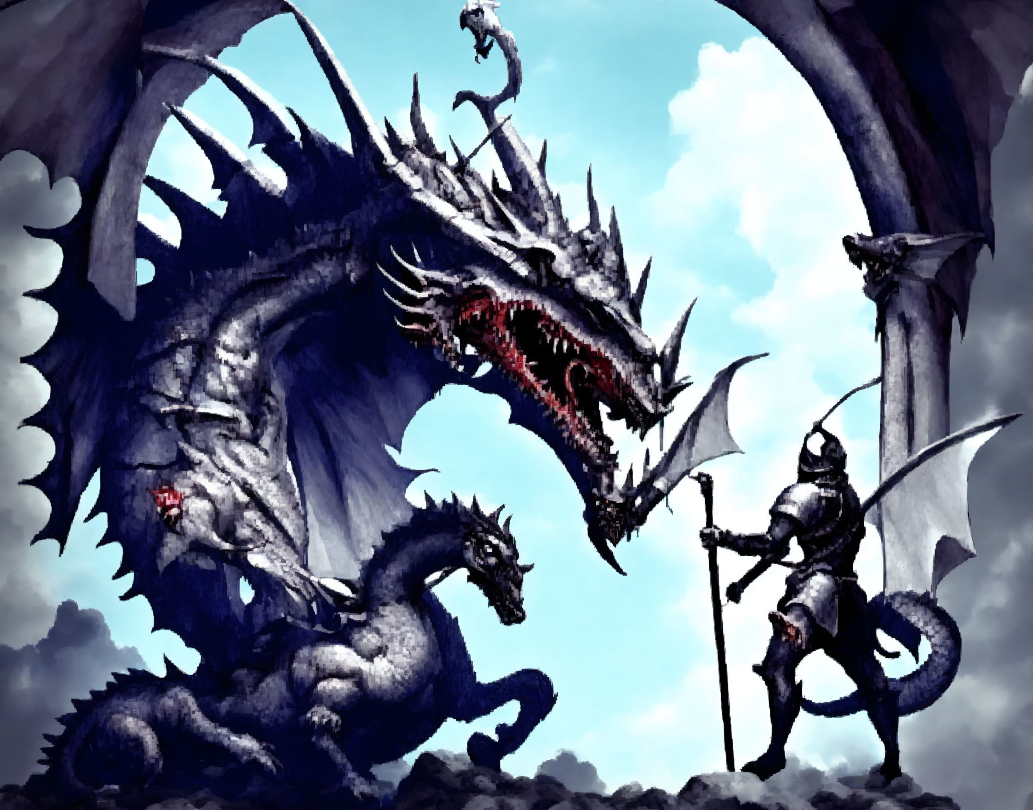 Knight faces large dragon under gothic archway with smaller dragon in dramatic sky