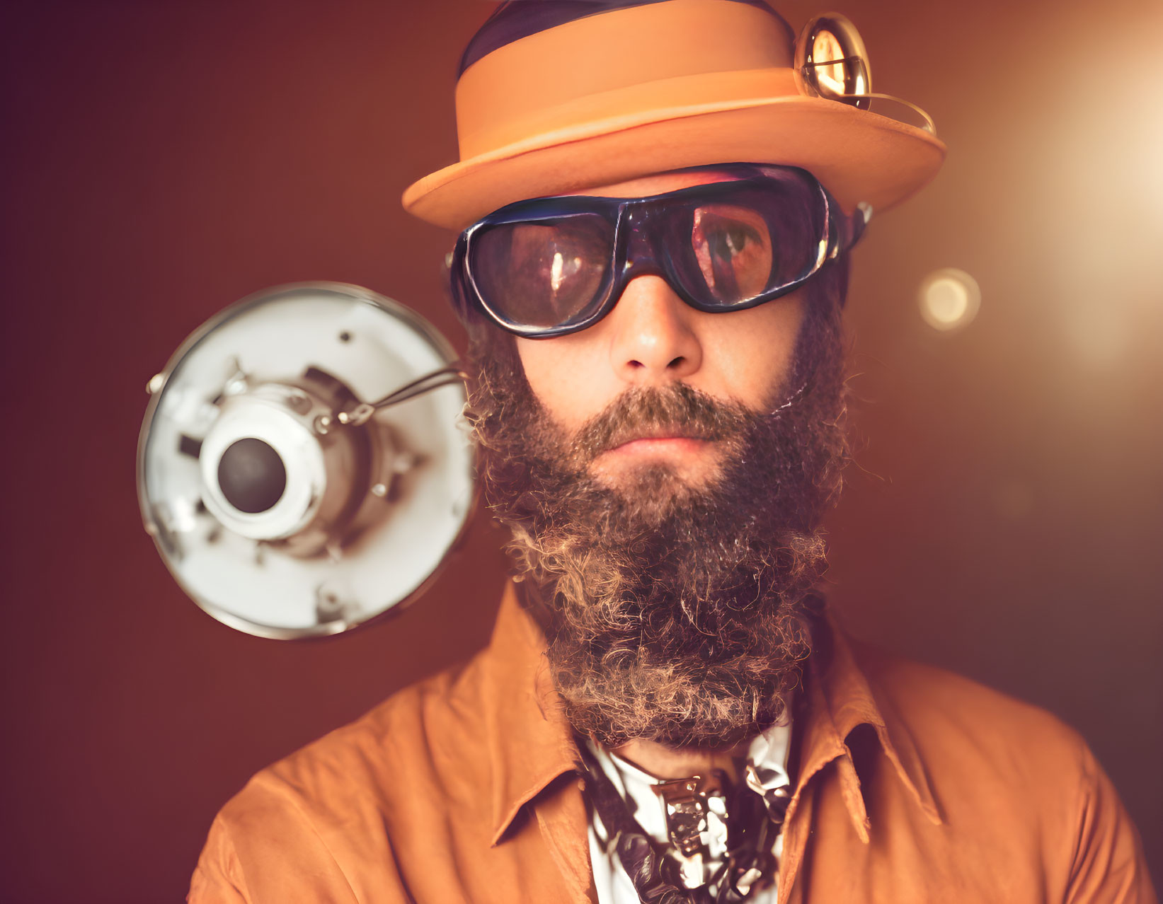 Bearded person in hat and goggles with vintage film projector