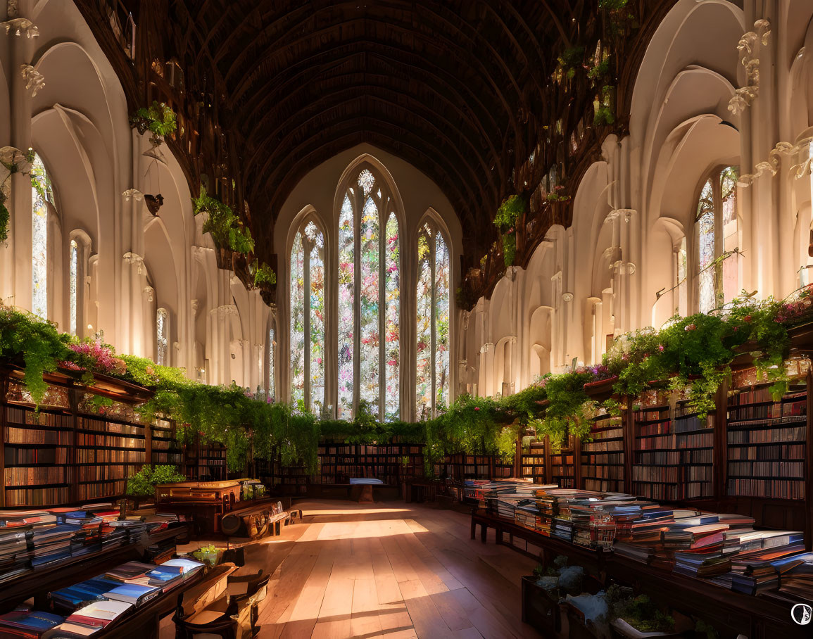 Historic library with towering bookshelves and stained glass windows