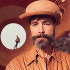 Bearded person in hat and goggles with vintage film projector