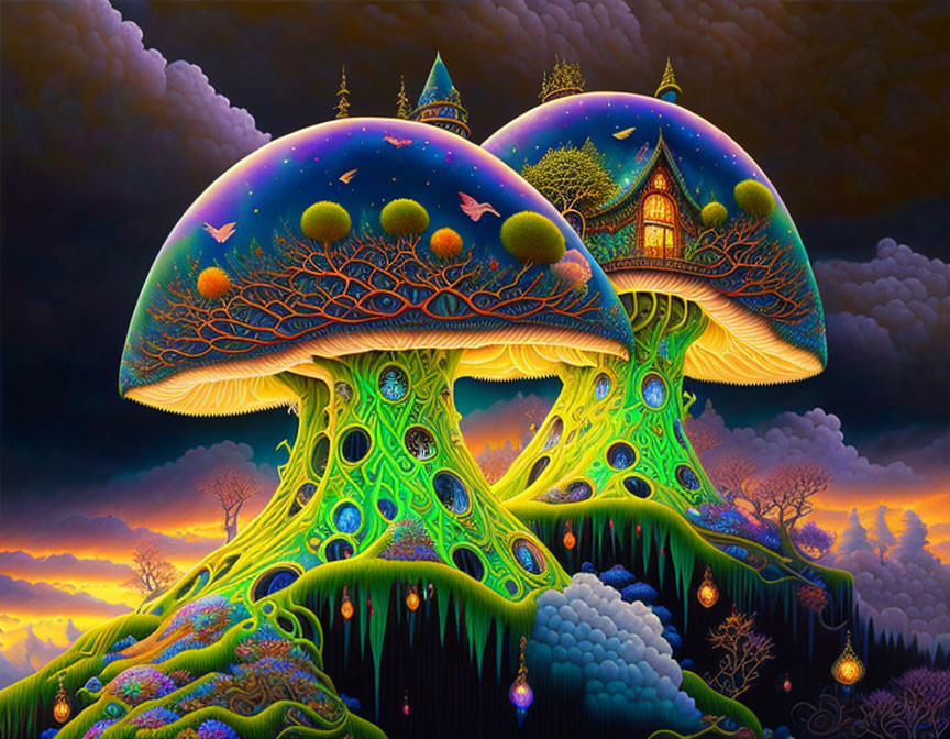 Fantasy artwork of intricate mushroom houses against twilight sky