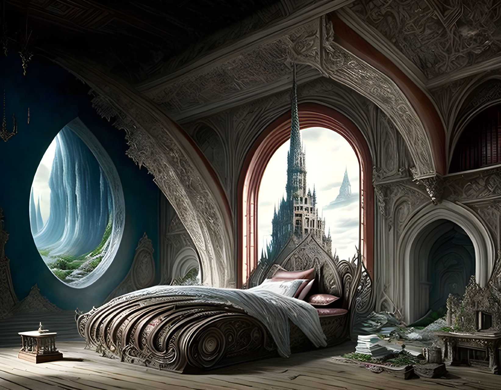 Luxurious fantasy bedroom with oval window view of spires, architecture, and waterfall.