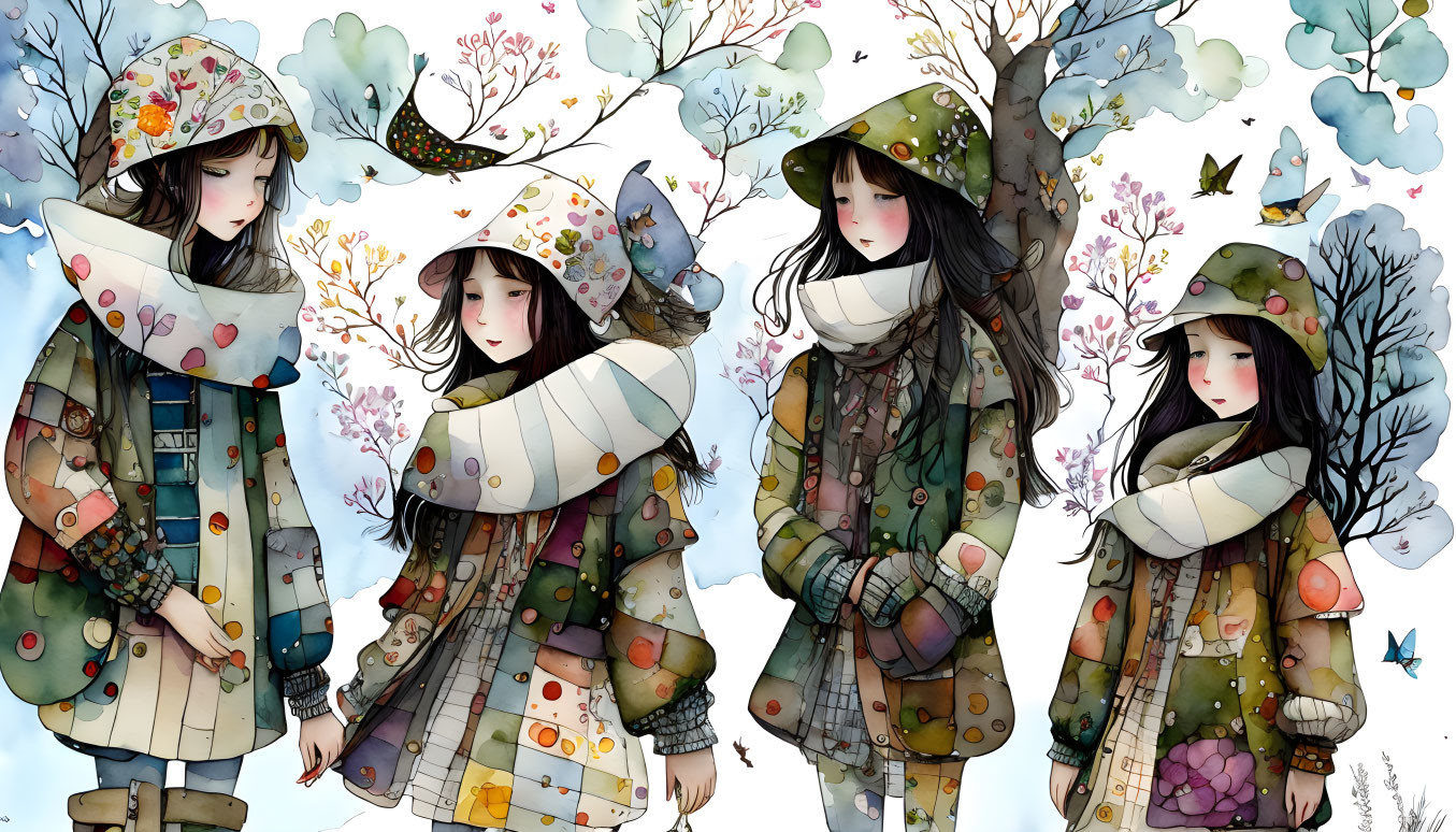 Four stylized girl illustrations in colorful patchwork coat and scarf with bird and tree motifs in whimsical