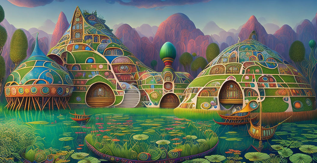 Colorful Dome-Shaped Buildings in Lush Fantasy Landscape