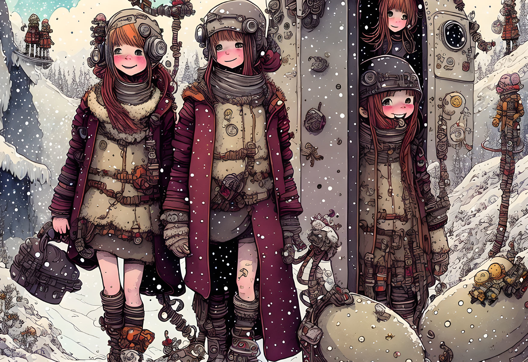 Animated girls in winter gear with sci-fi elements and robots in snowy, steampunk-inspired scene