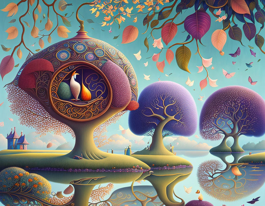 Colorful fantasy landscape with stylized trees, bird's nest, butterflies, and water reflection.