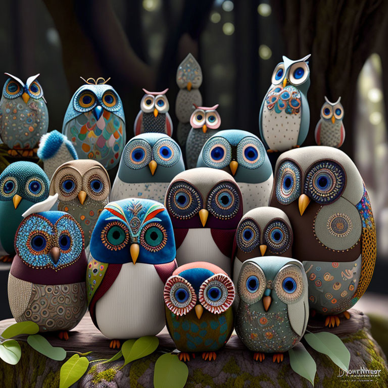 Vibrant owl illustrations on tree branch in forest