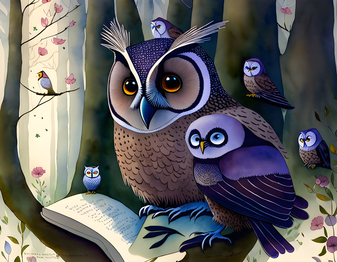 Large owl with smaller owls in mystical forest, wearing glasses on book