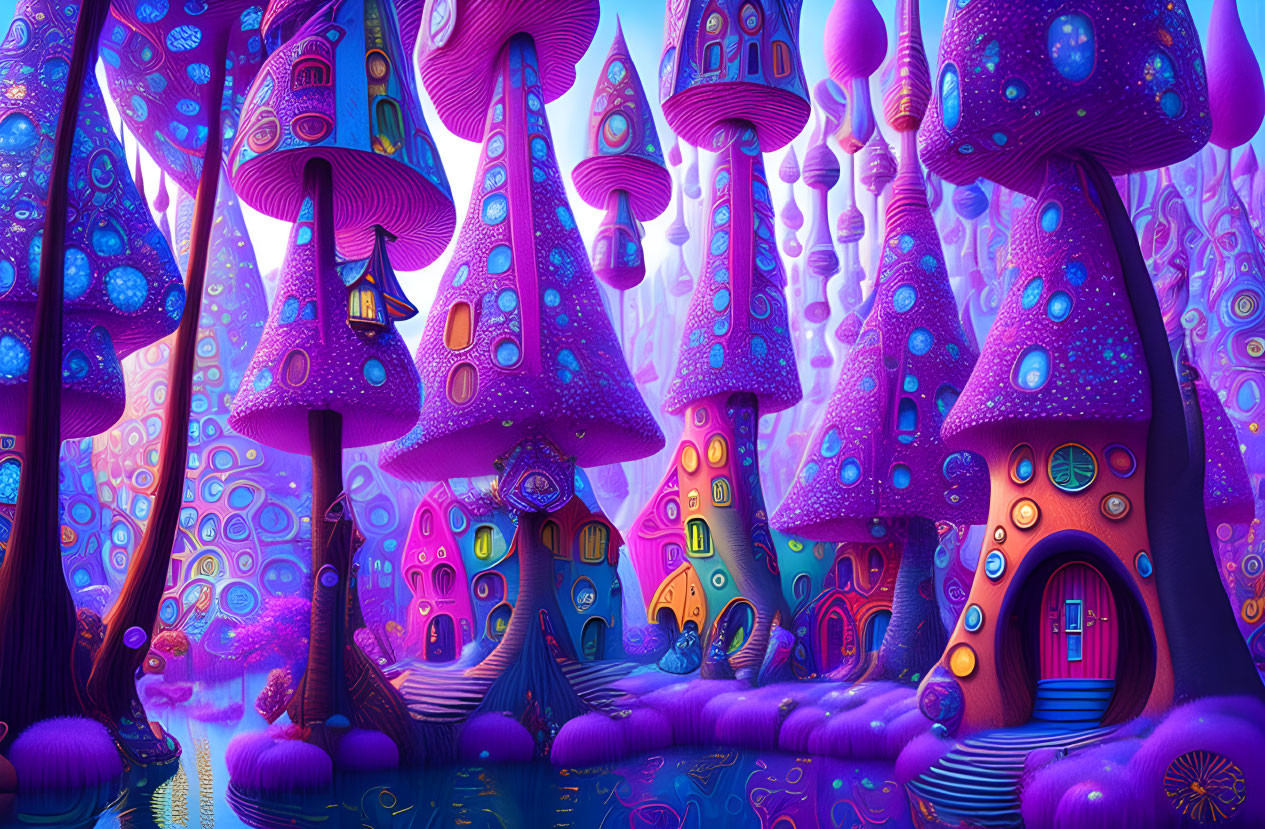 Colorful Mushroom-Shaped Houses in Psychedelic Landscape