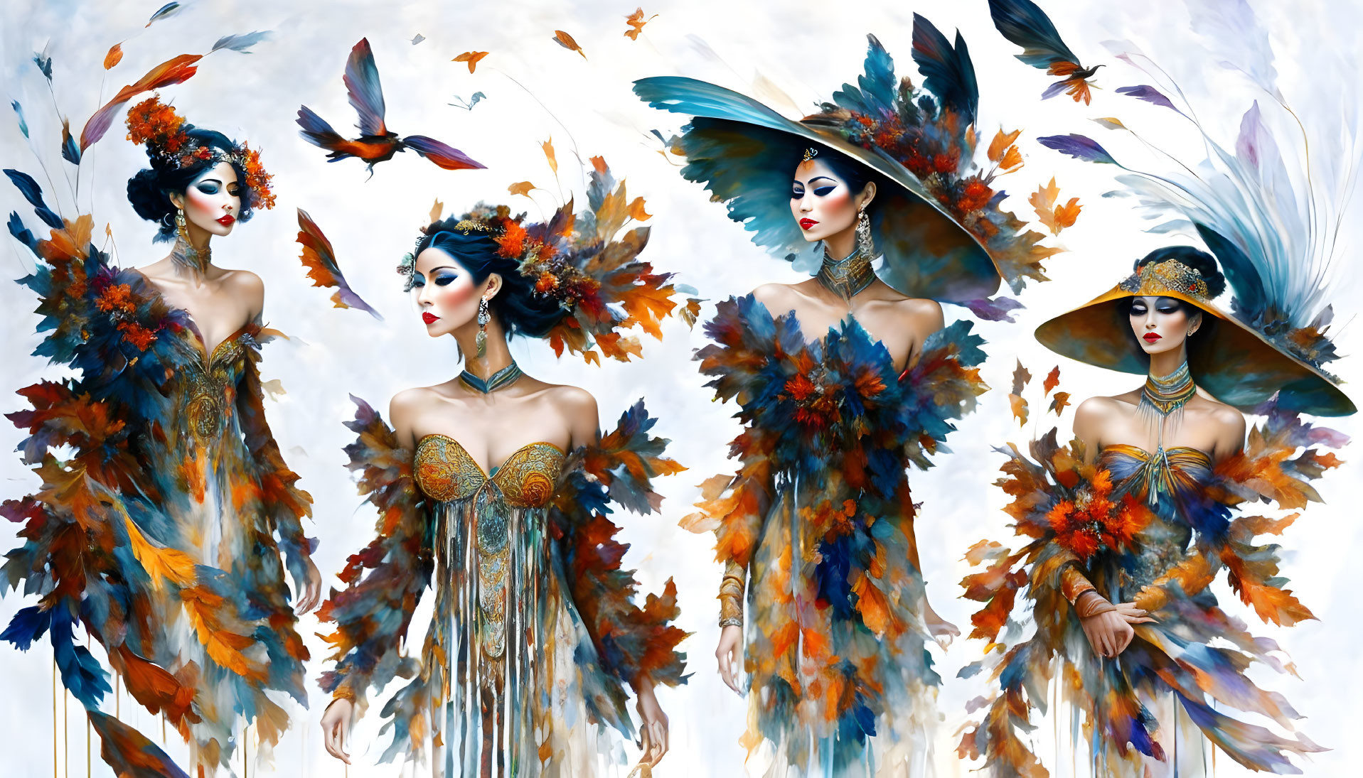 Four stylized women in elaborate feathered costumes with autumnal hues and large hats, accompanied by flying