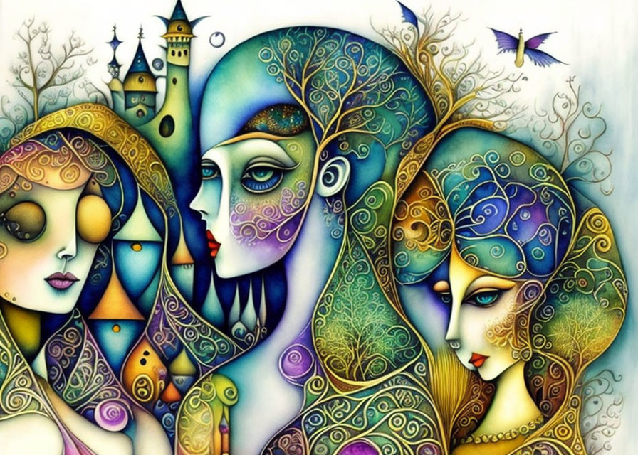 Vibrant illustration of two female figures with intricate patterns and whimsical castle background