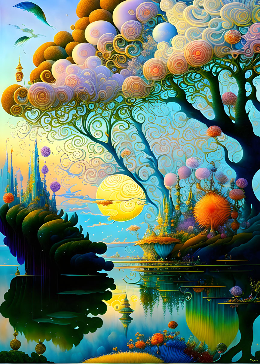 Fantasy landscape with whimsical trees, glowing sun, and reflective lake