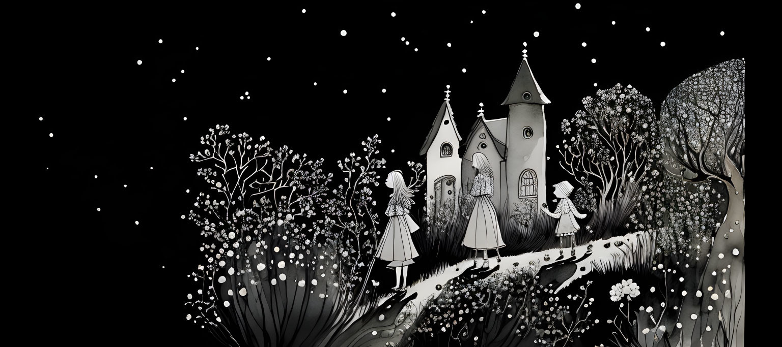 Whimsical monochromatic illustration of figures near fairytale castle