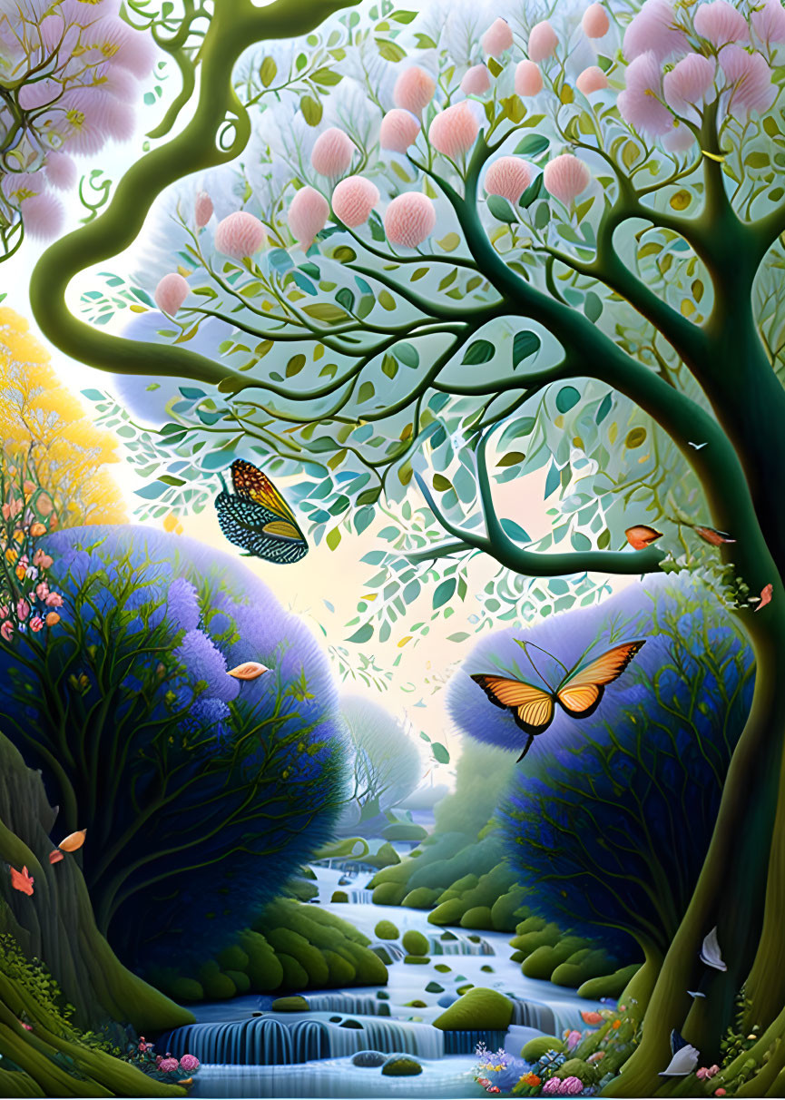 Fantasy forest with blooming trees, stream, butterflies, and magical atmosphere.