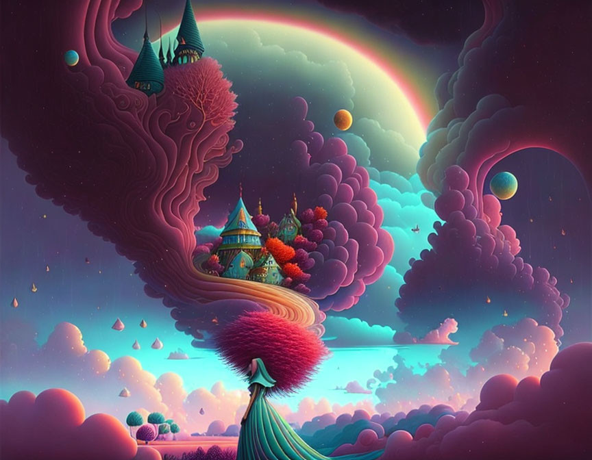 Surreal landscape with whimsical castles, rainbow, floating islands, and colorful trees