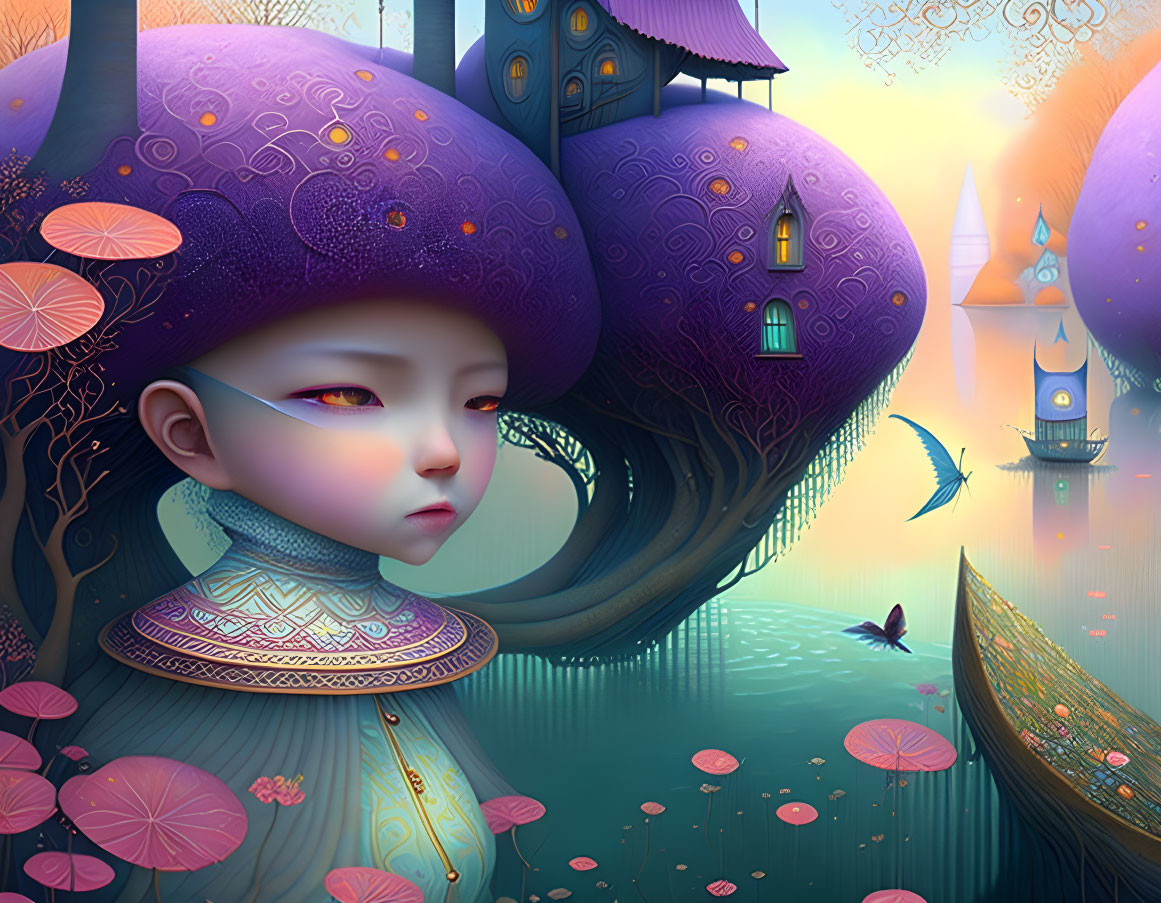 Child with Purple Mushroom Headgear in Fantastical Mushroom Landscape