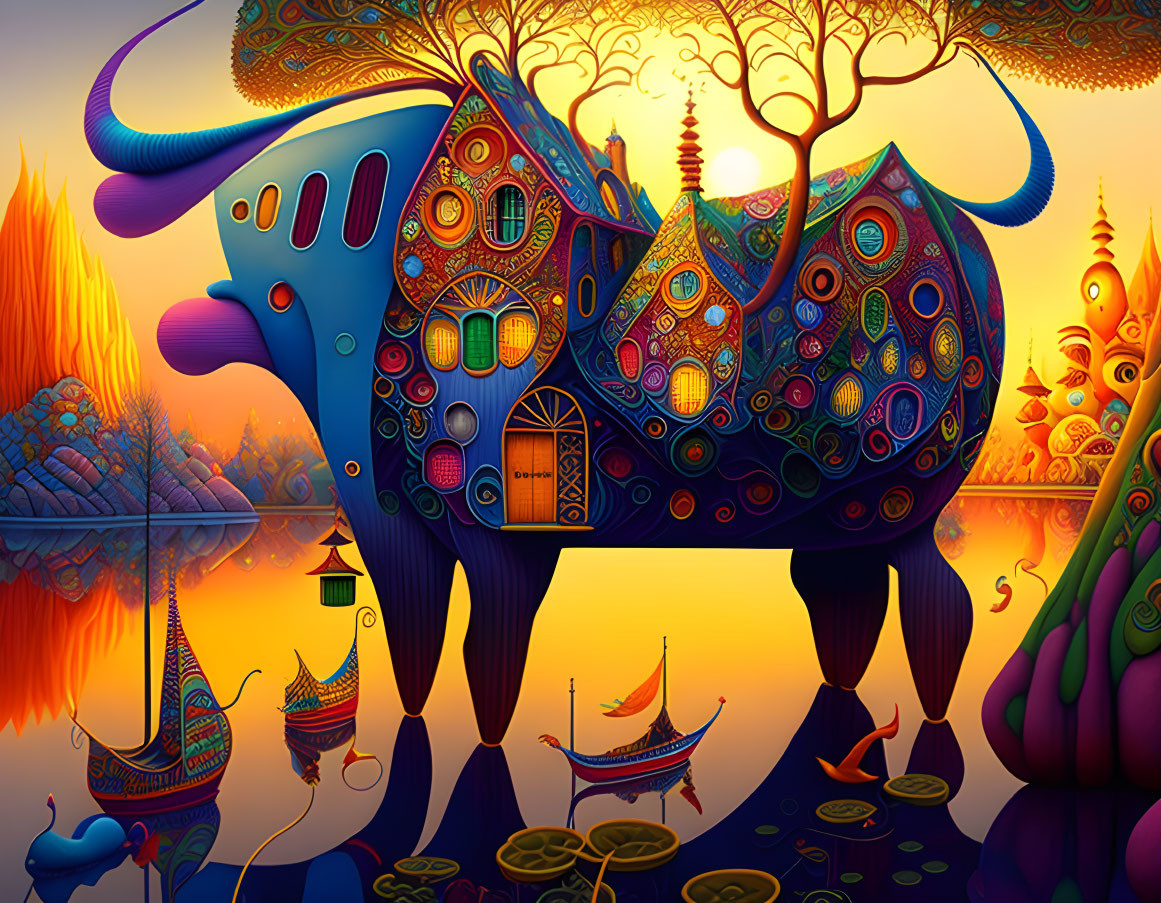 Colorful surreal landscape with ornate elephant-like structure and sunset sky