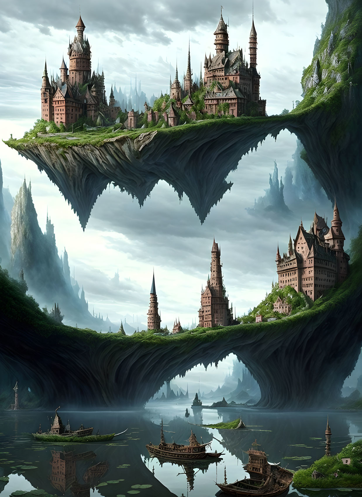 Floating island castles over tranquil river in lush fantasy landscape