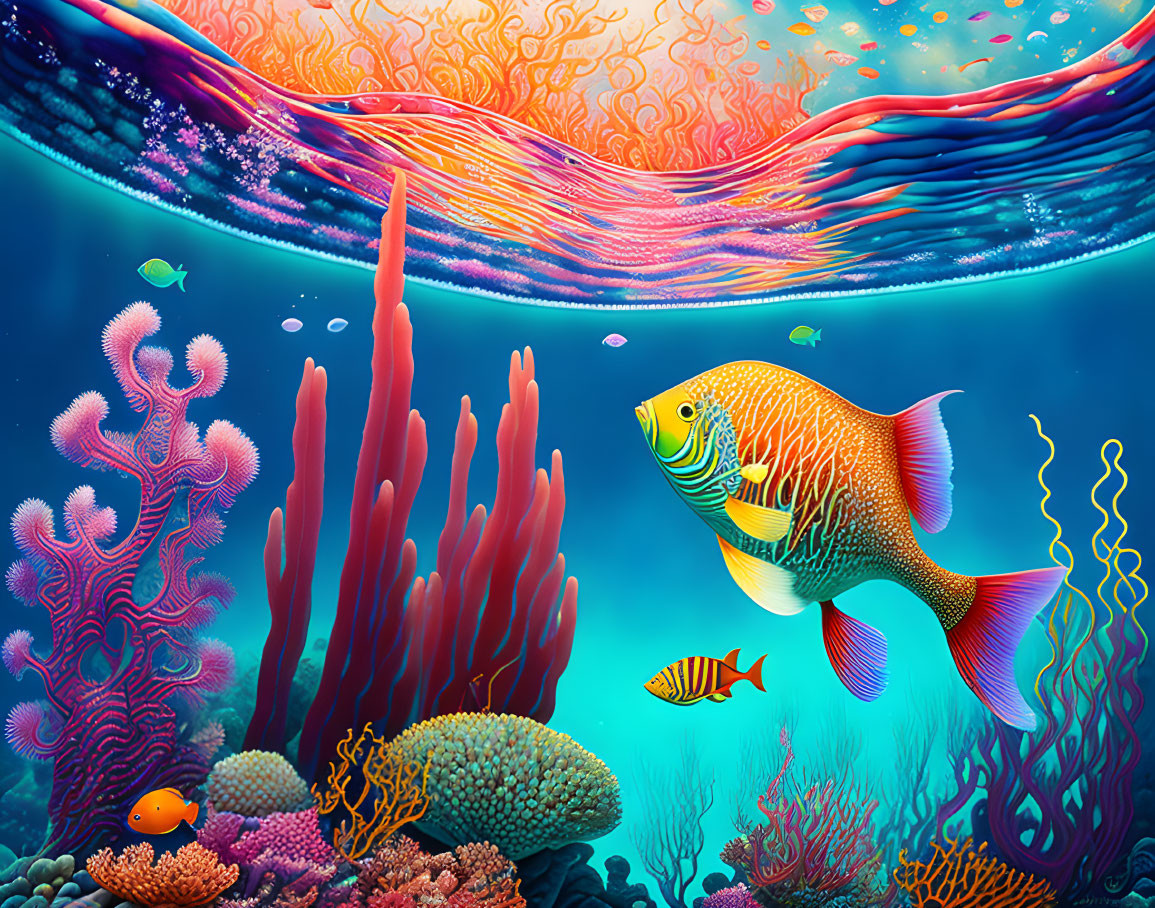 Colorful Coral and Fish in Vibrant Underwater Scene