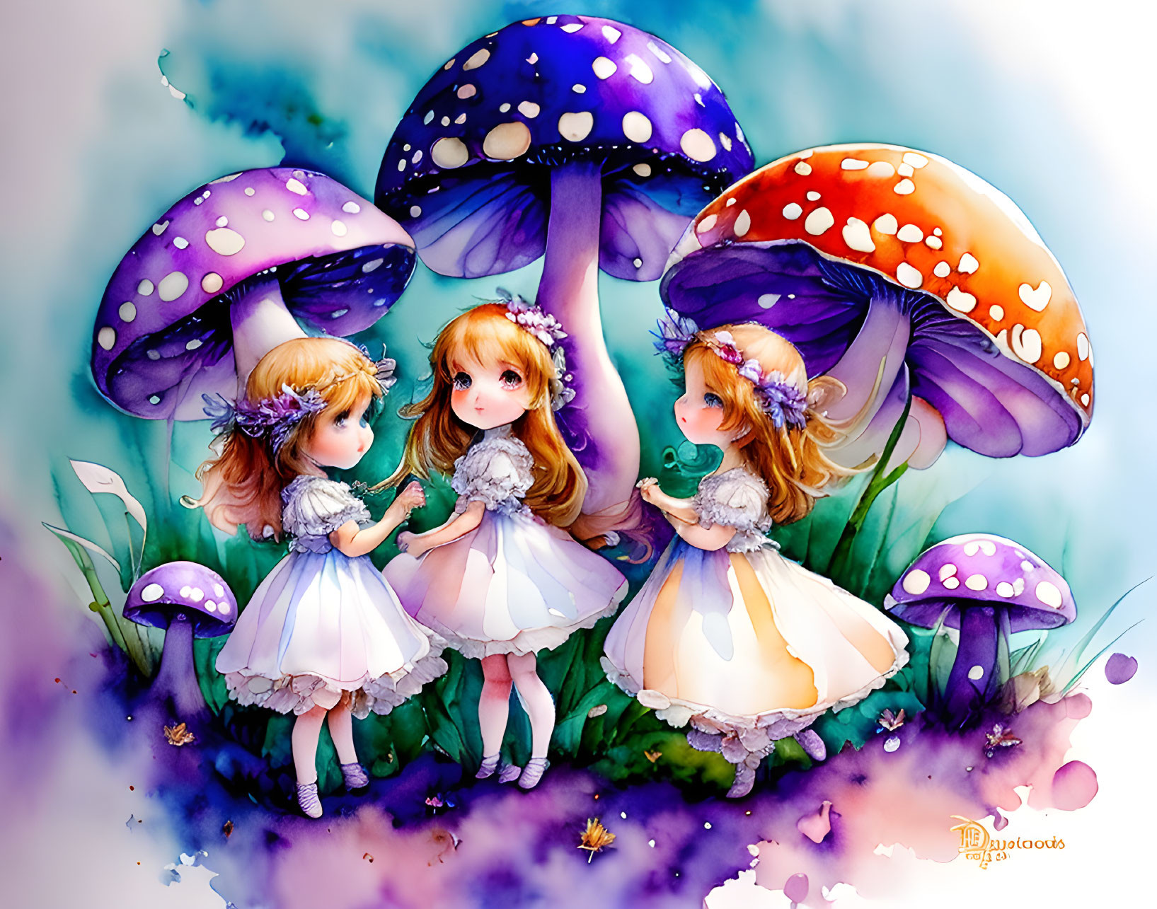 Three girls in dresses with oversized purple mushrooms in pastel background