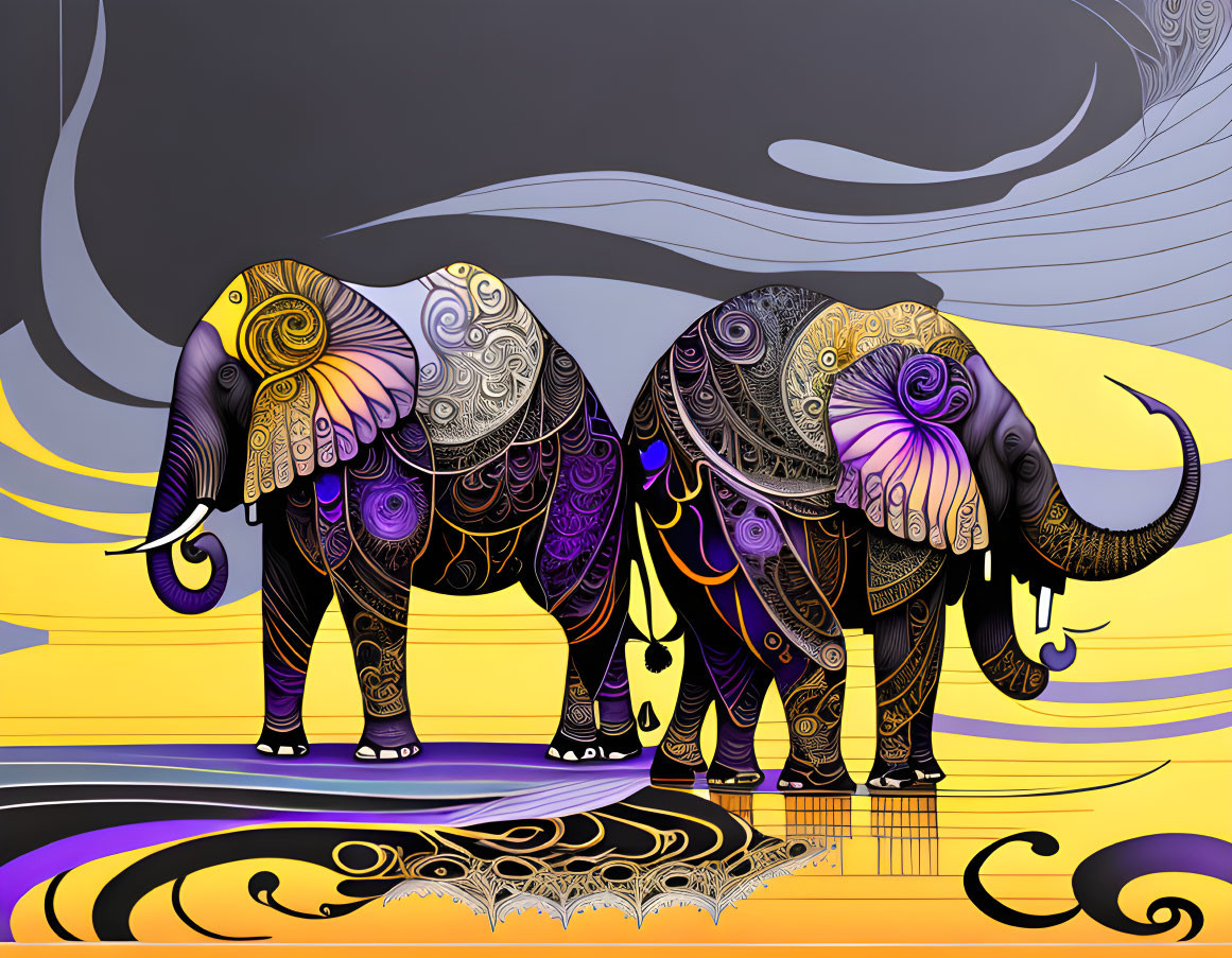 Ornate Purple and Gold Elephants on Abstract Background