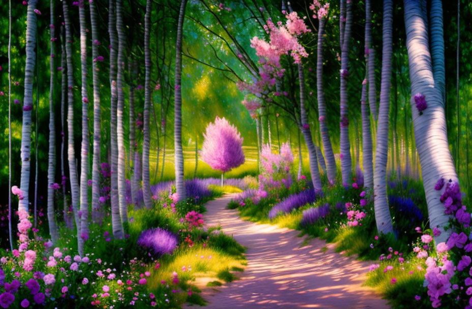 Scenic forest pathway with white birch trees and pink blossoms