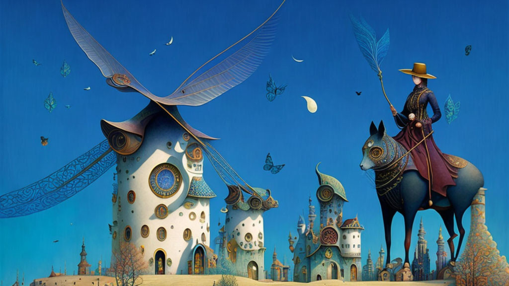 Whimsical artwork: Person on mechanical fox, animal-shaped buildings, anthropomorphic trees