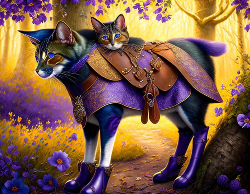 Fantasy Medieval Attire Cats in Whimsical Forest