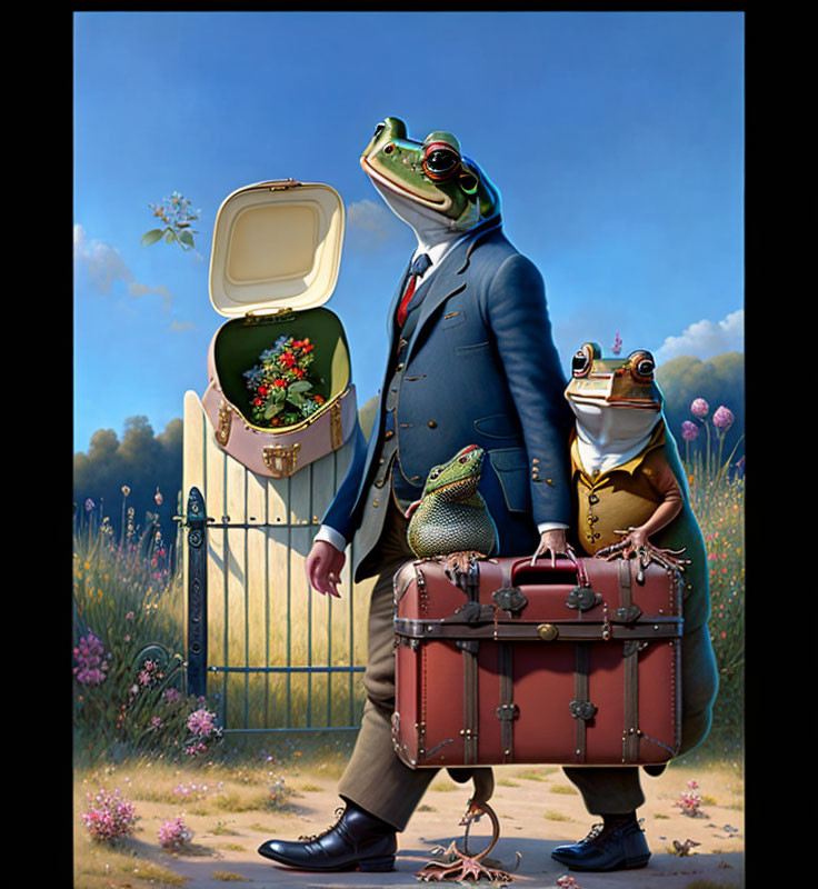 Anthropomorphic frog in suit with smaller frog on path under blue sky