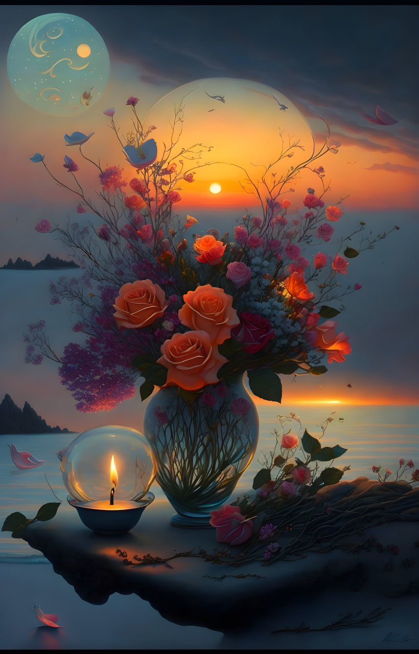 Tranquil bouquet of roses with candle against sunset backdrop