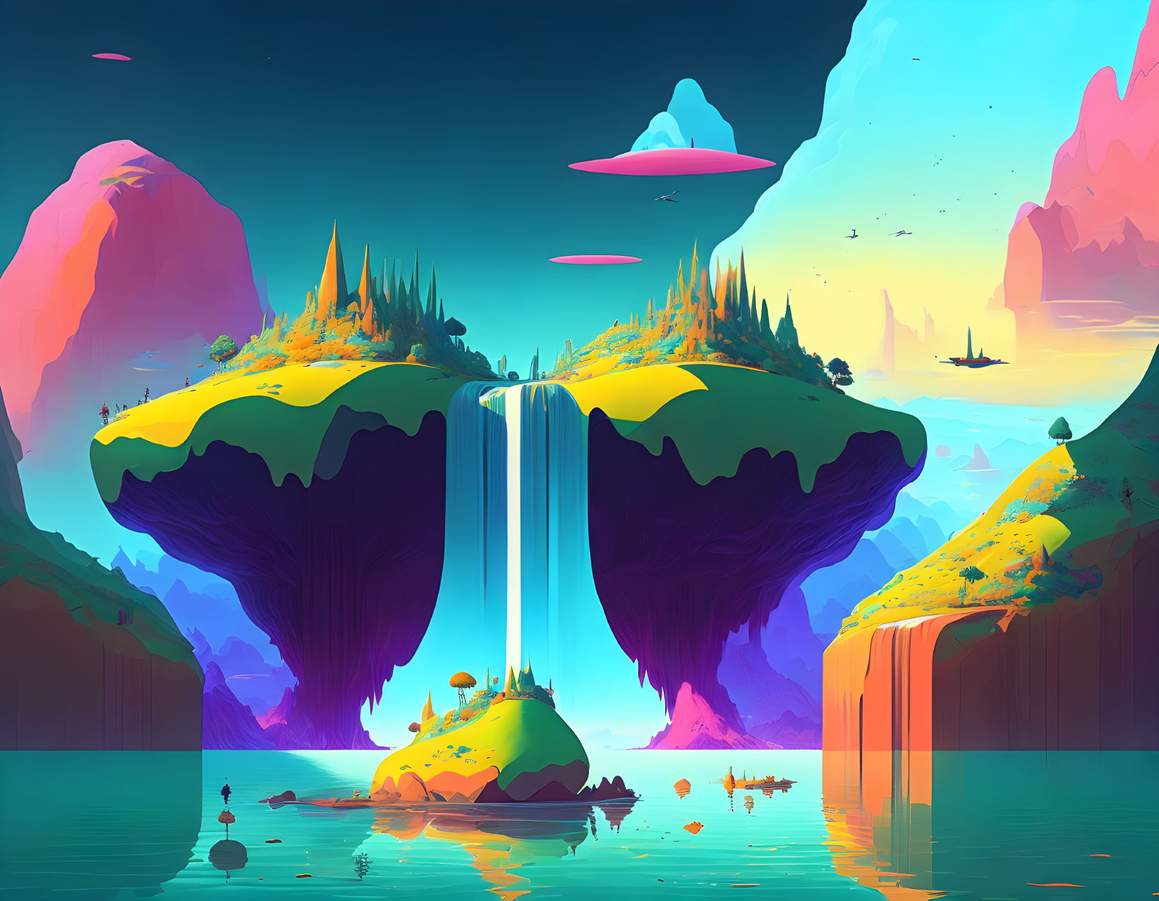 Colorful Fantasy Landscape with Floating Islands & Spacecraft