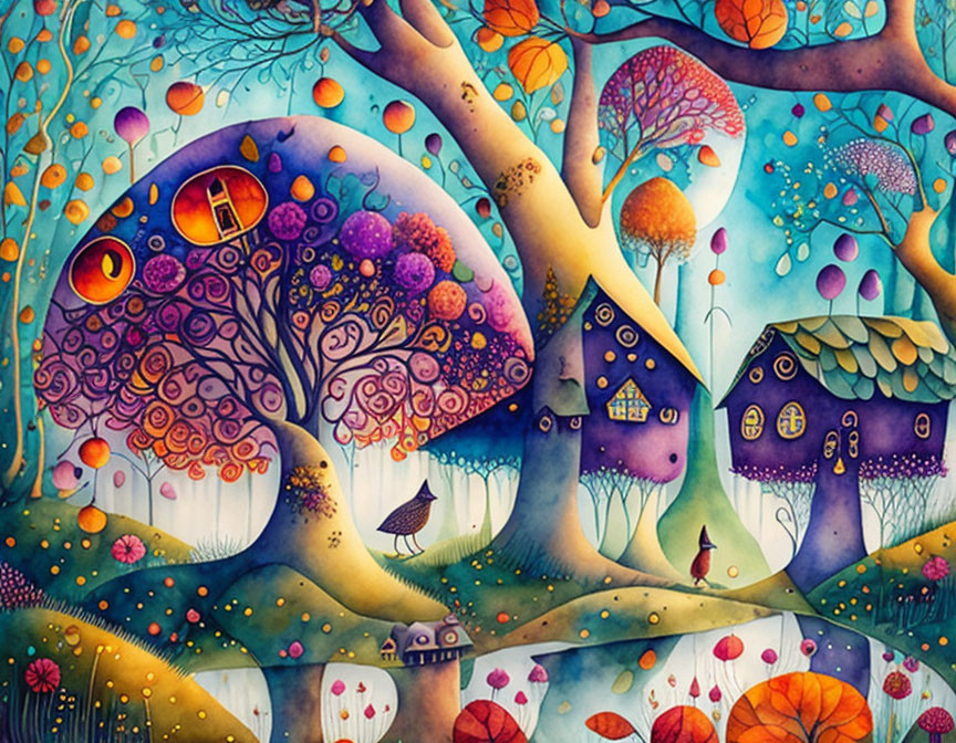 Vibrant watercolor forest with whimsical house-shaped trees