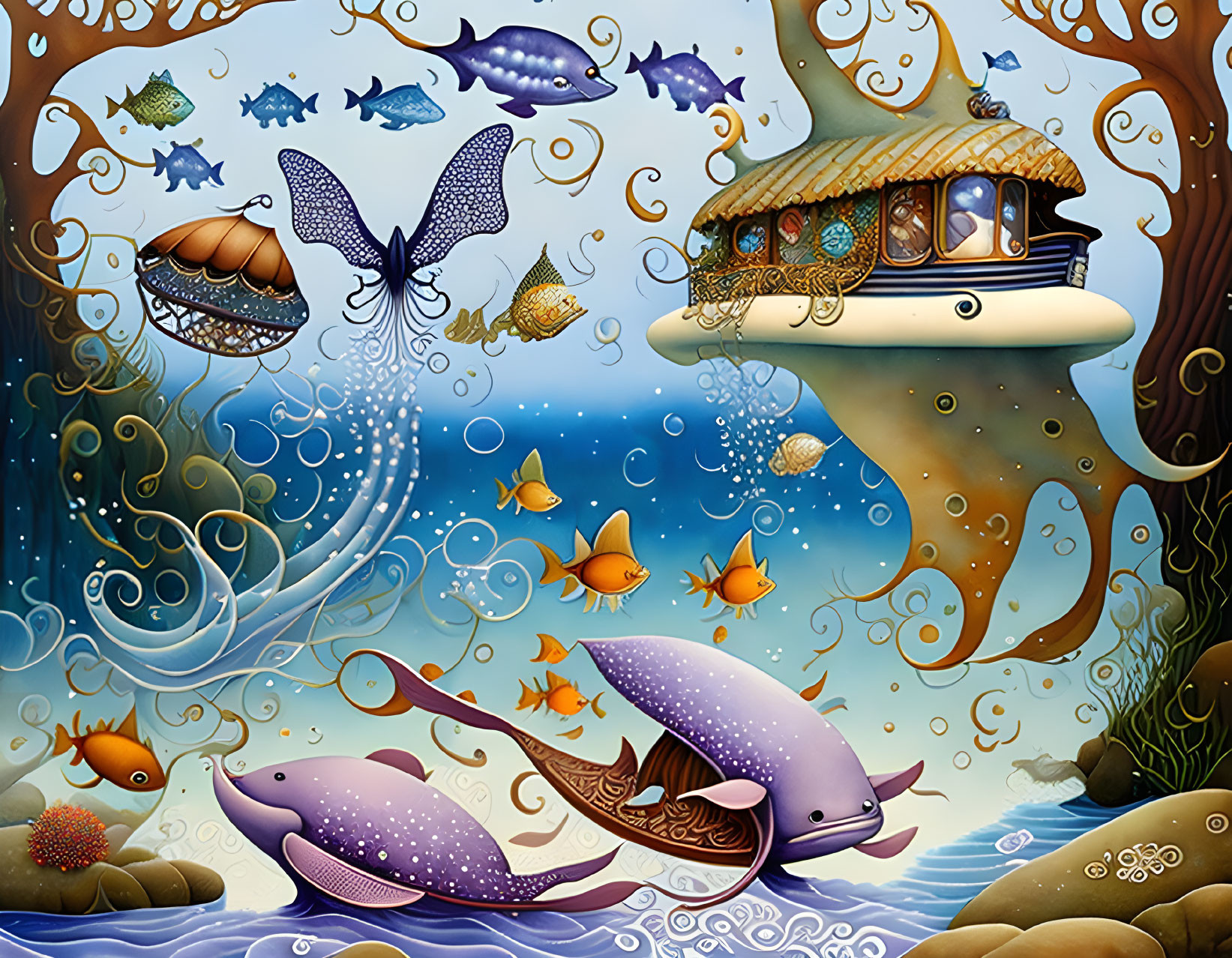 Colorful underwater scene with houseboat, fish, butterfly, trees, and whale with cityscape