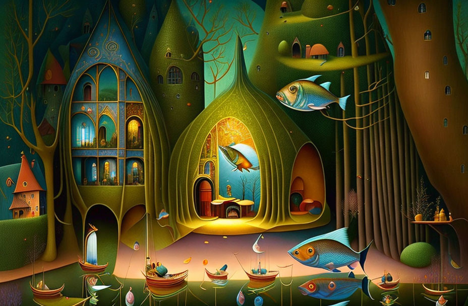 Vibrant underwater scene with fish, tree-like houses, boats, and foliage