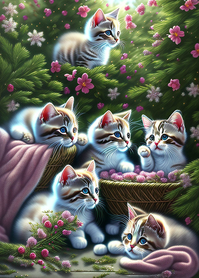 Adorable Kittens Among Pink Flowers and Greenery